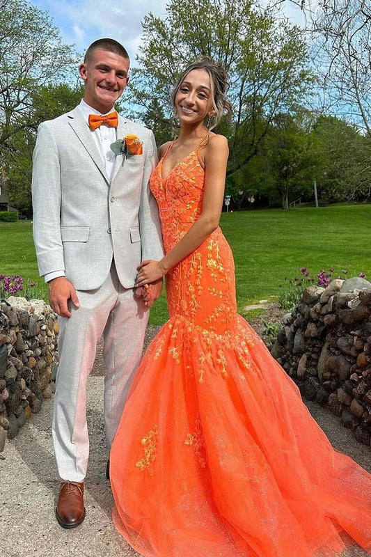 Charming Mermaid V Neck Organza Tulle Sequins Prom Dresses