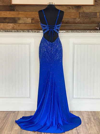 Royal Blue Mermaid V Neck Beaded Jersey Prom Dress with Slit