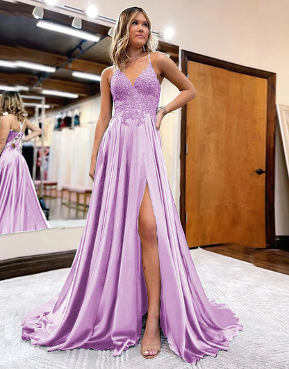 A-Line V-Neck Long Prom Dress Lace With Slit