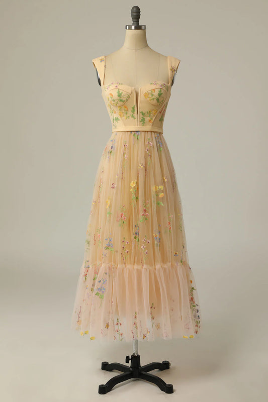 A Line Sweetheart Floor-length Tea length Prom Dress with Embroidery