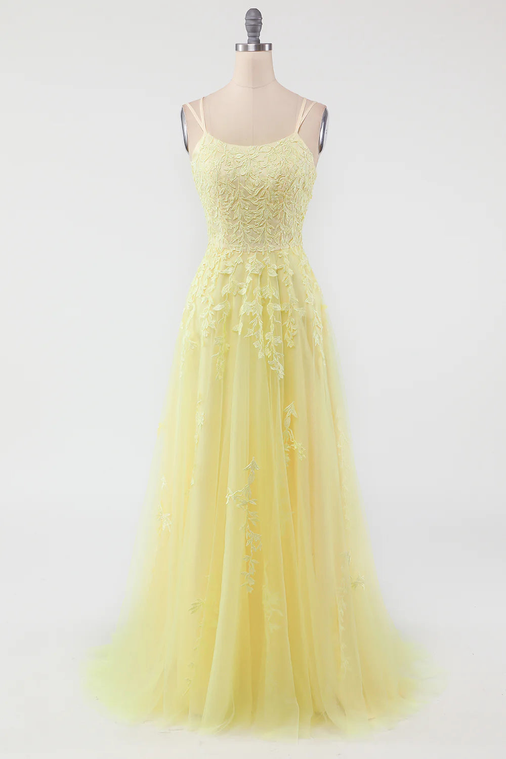 A-Line Purple Backless Tulle Spaghetti Straps Long Prom Dress