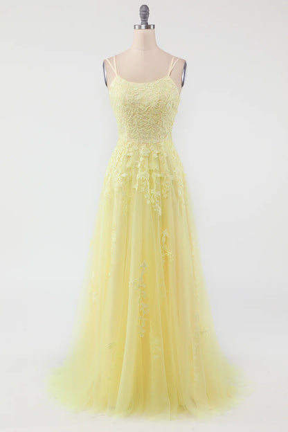 A-Line Purple Backless Tulle Spaghetti Straps Long Prom Dress