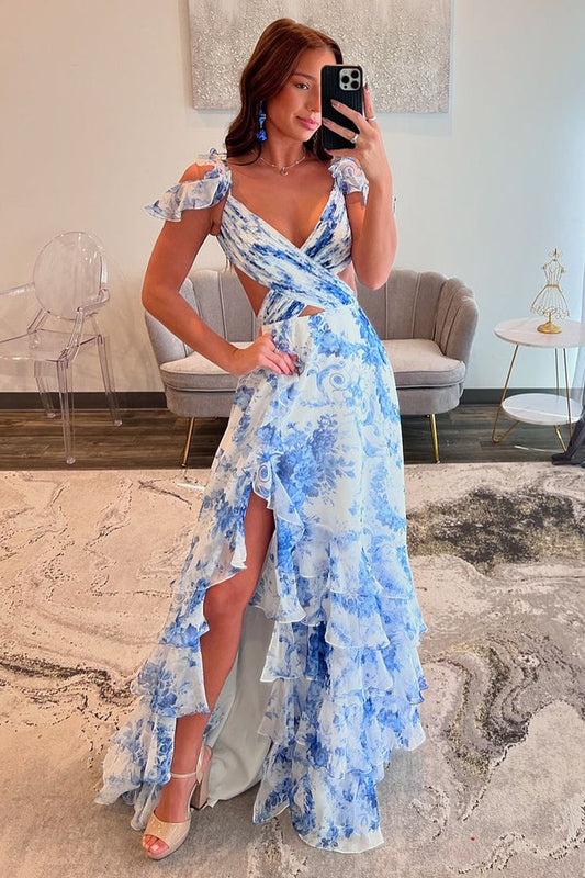 Cute Sheath Straps Floral Printed Chiffon Long Prom Dress with Slit
