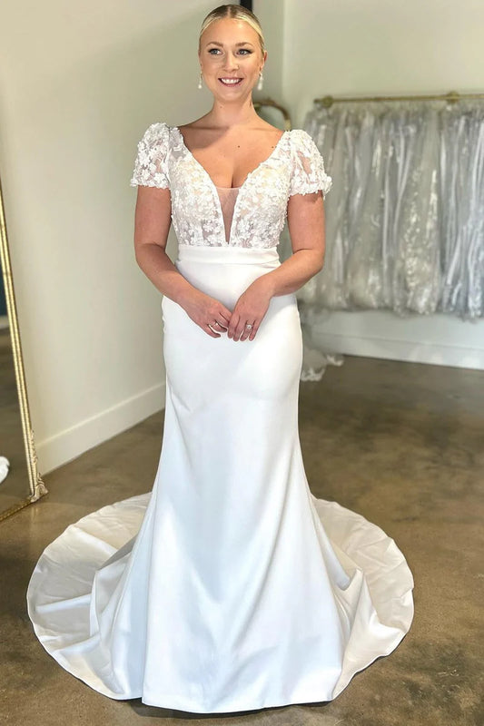 White Floral Applique Long Wedding Dress with Short Sleeves Court Train Dresses