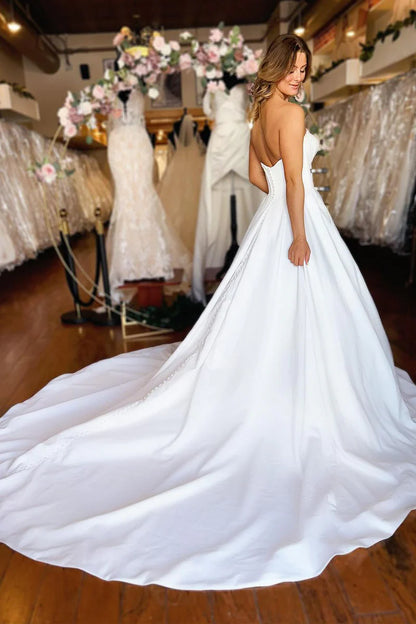 A-Line Strapless White Satin Wedding Dresses with Pockets