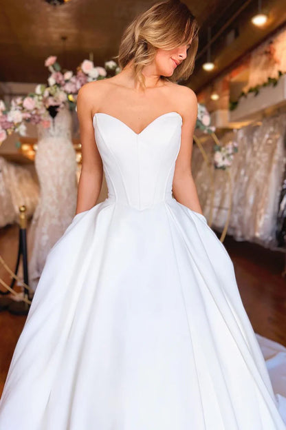 A-Line Strapless White Satin Wedding Dresses with Pockets