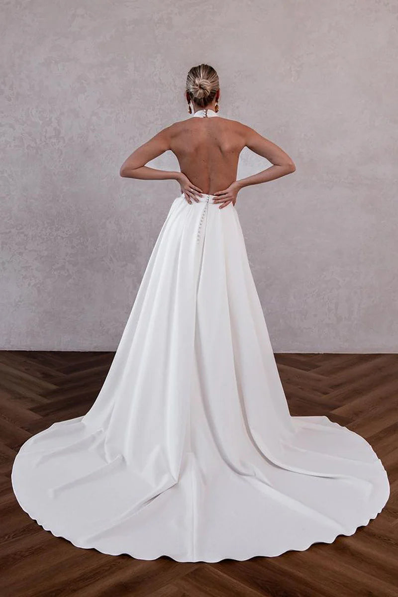 White Satin Halter Wedding Dresses with Train