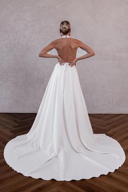 White Satin Halter Wedding Dresses with Train