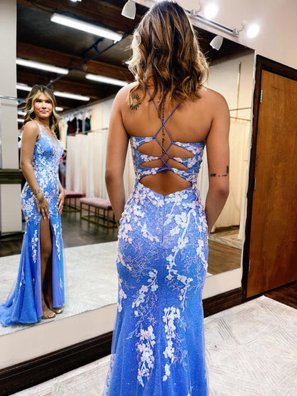 Charming Mermaid V Neck Tulle Lace Long Prom Dresses with Slit