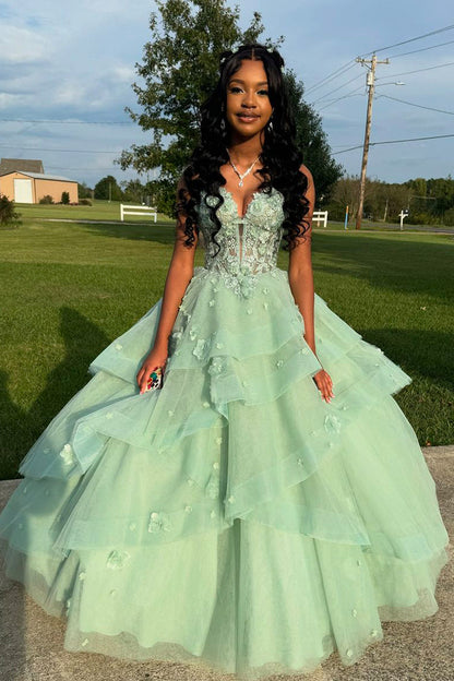 Cute Ball Gown Sweetheart Sage Green Tulle Long Prom Dresses with Appliques