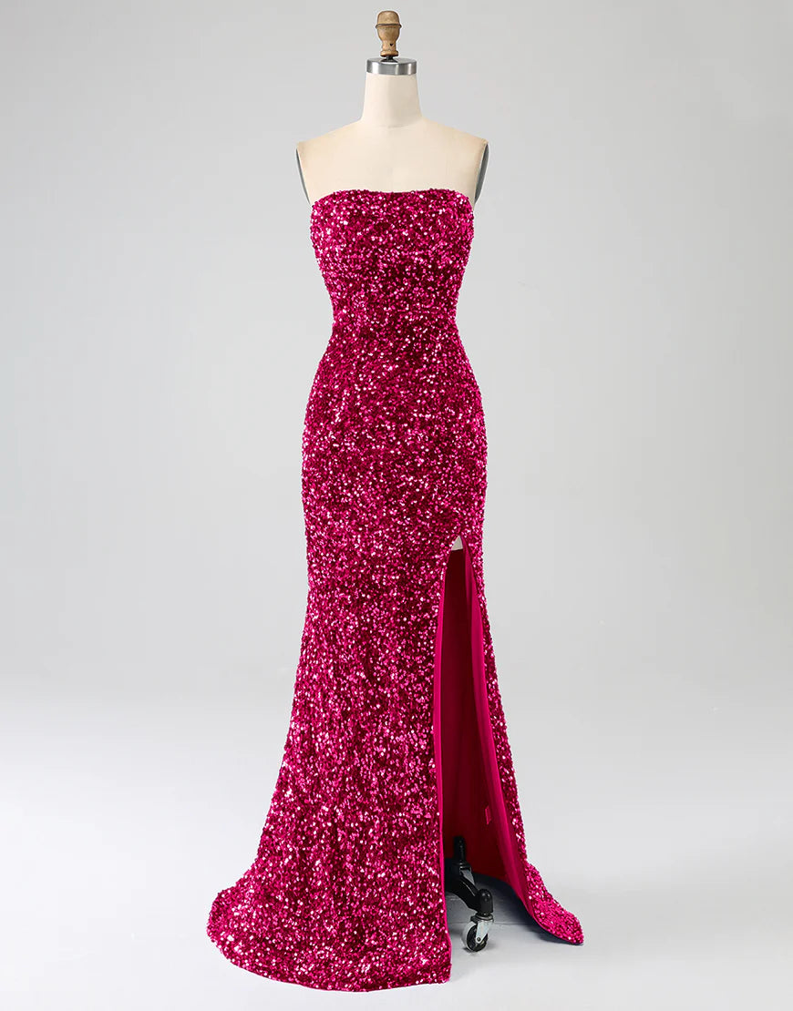 Mermaid Dark Green Sheath Strapless Tight Sequin Side Slit Prom Dress