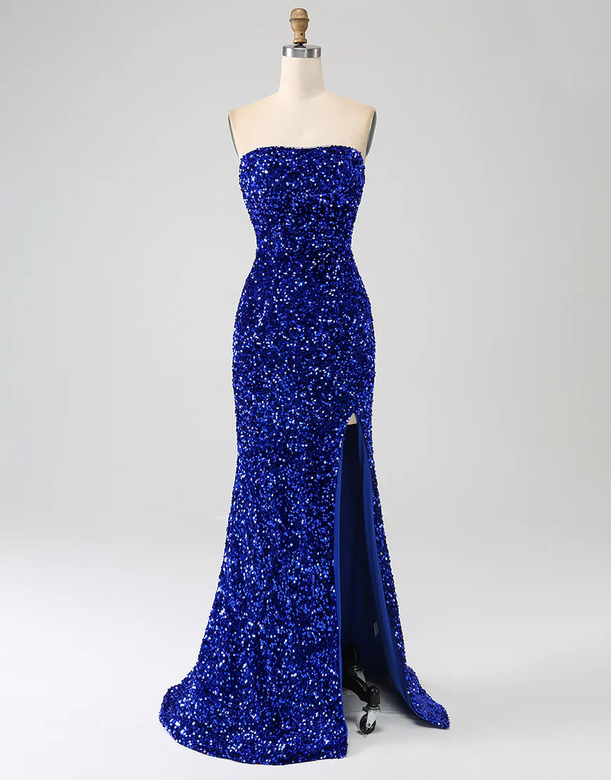 Mermaid Dark Green Sheath Strapless Tight Sequin Side Slit Prom Dress