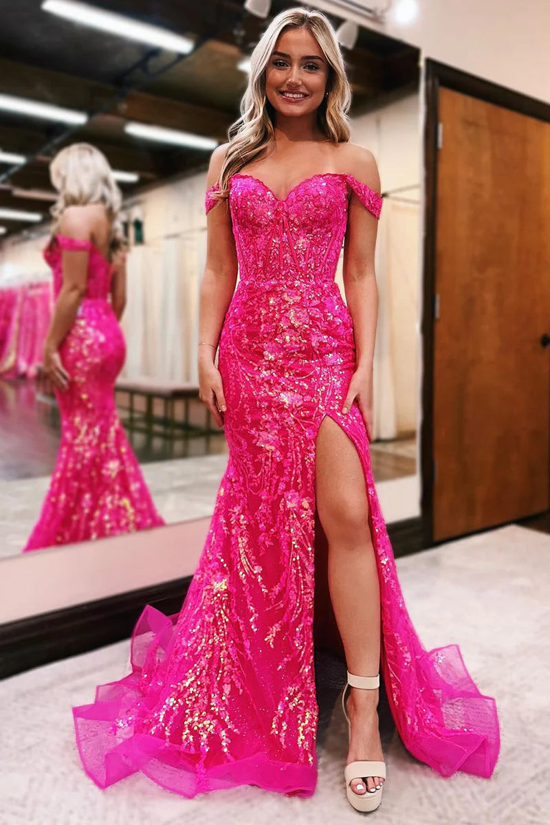 Fuchsia Sequin Appliques Off the Shoulder Mermaid Prom Dress