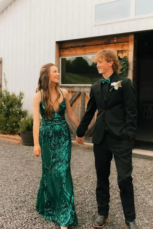 Cute Mermaid V Neck Green Sequins Lace Long Prom Dress