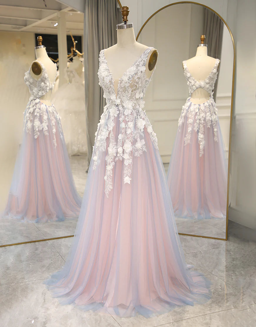 A Line Deep V Neck Tulle Long Prom Dress with Appliques