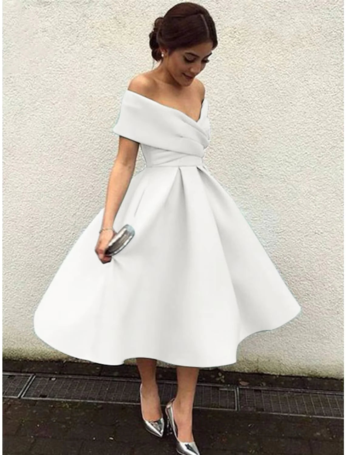 A-Line Cocktail Dresses Party Dress Homecoming Tea Length Short Sleeve V Neck Stretch Fabric V Back with Pleats