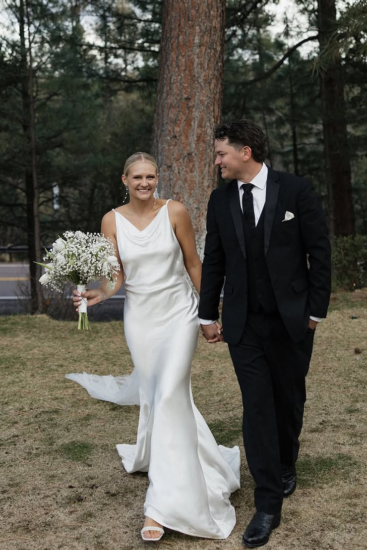 Fashion Mermaid Cowl Neck Silk Satin Wedding Dress with Train
