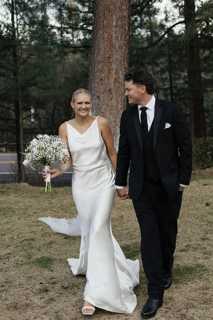 Fashion Mermaid Cowl Neck Silk Satin Wedding Dress with Train