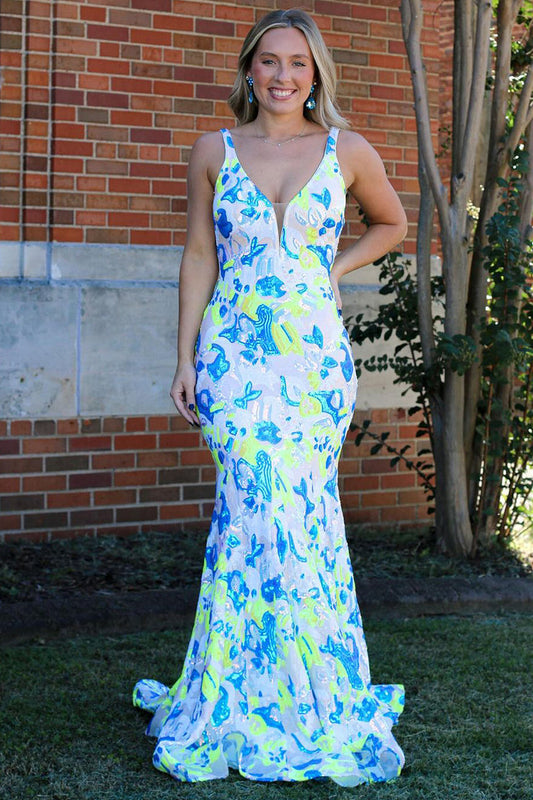 Cute Mermaid V Neck Sequins Long Prom Dresses