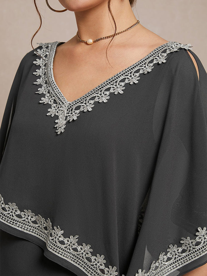 Half Sleeves V-neck Tea Length Embellished Cape Chiffon Mother Of The Bride Dress