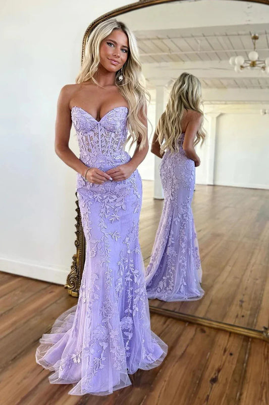 Lilac Charming Mermaid Sweetheart Lavender Prom Dresses with Appliques