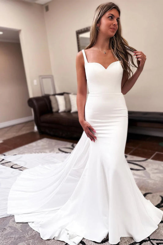 White Long Chiffon Mermaid Boho Wedding Dress Sweetheart Backless