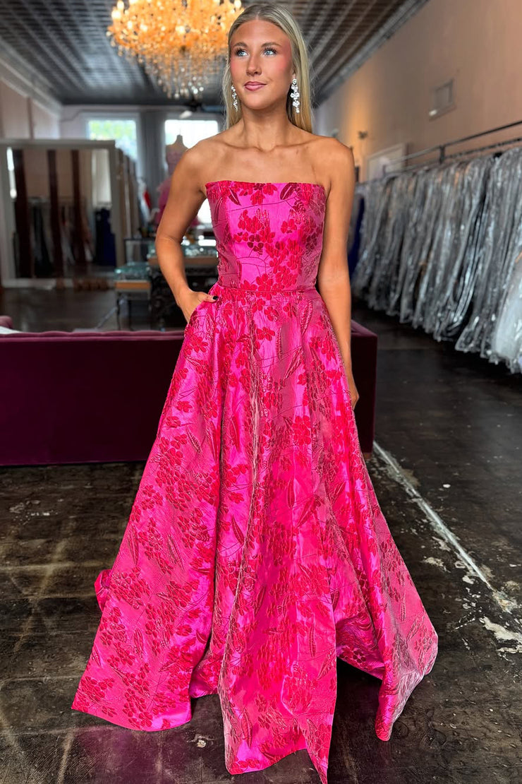 Cute A Line Strapless Fuchsia Jacquard Satin Long Prom Dress with Pockets