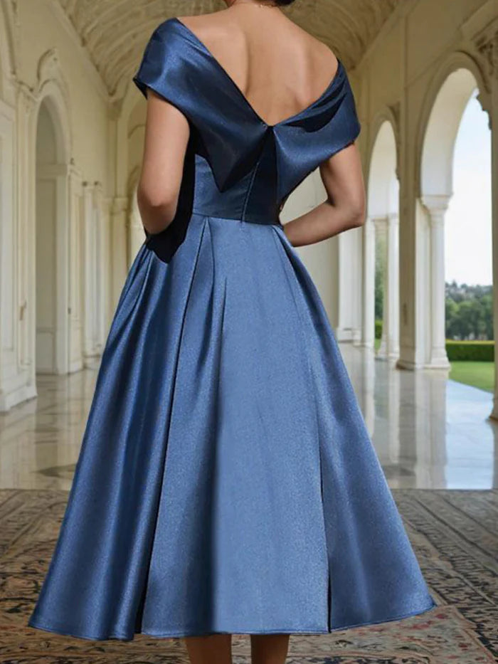 Off the Shoulder Satin Tea Length Mother of the Bride Dress