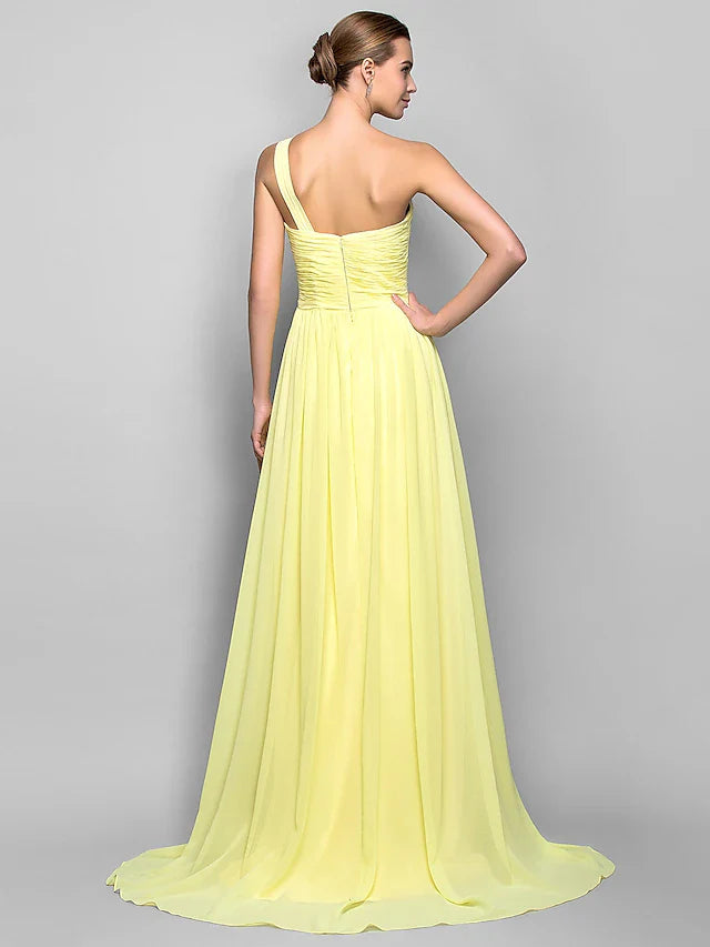 Sheath / Column Minimalist Dress Holiday Sweep / Brush Train Sleeveless One Shoulder Georgette with Criss Cross Ruched
