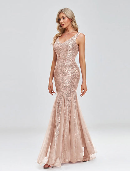 Mermaid / Trumpet Evening Gown Sparkle Dress Wedding Guest Formal Evening Floor Length Sleeveless V Neck Tulle V Back with Sequin Splicin