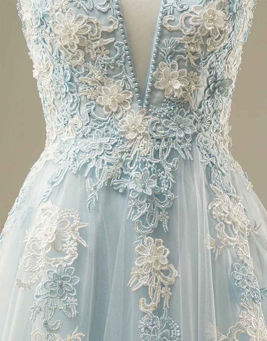 A-line V-Neck Light Blue Tulle Prom Dress
