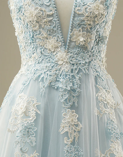 A-line V-Neck Light Blue Tulle Prom Dress