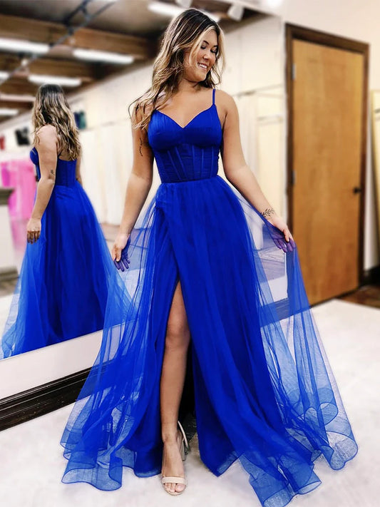 A-Line V Neck Tulle Blue Long Prom Dress Formal Dress With Slit