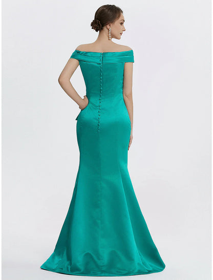 Sheath / Column Evening Gown Elegant Dress Formal Floor Length Sleeveless Off Shoulder Satin with Ruffles