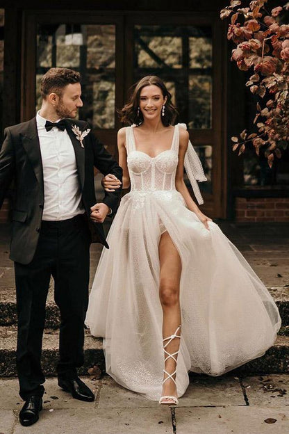 A Line Ivory Straps Sequins Sleeveless Wedding Dresses With Slit