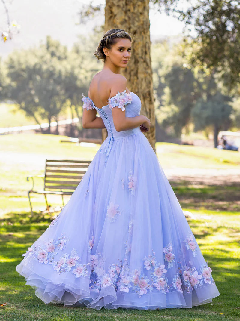 Lavender A Line off the shoulder Applique Tulle Floor Length Prom Dress