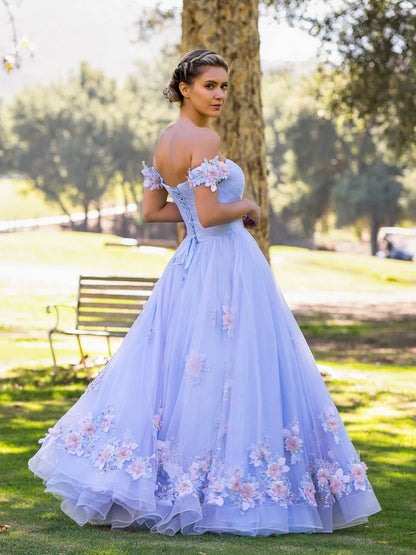 Lavender A Line off the shoulder Applique Tulle Floor Length Prom Dress
