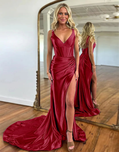 V-Neck Ruched Satin Prom Dress with Slit Sweep/Brush Train Dresses