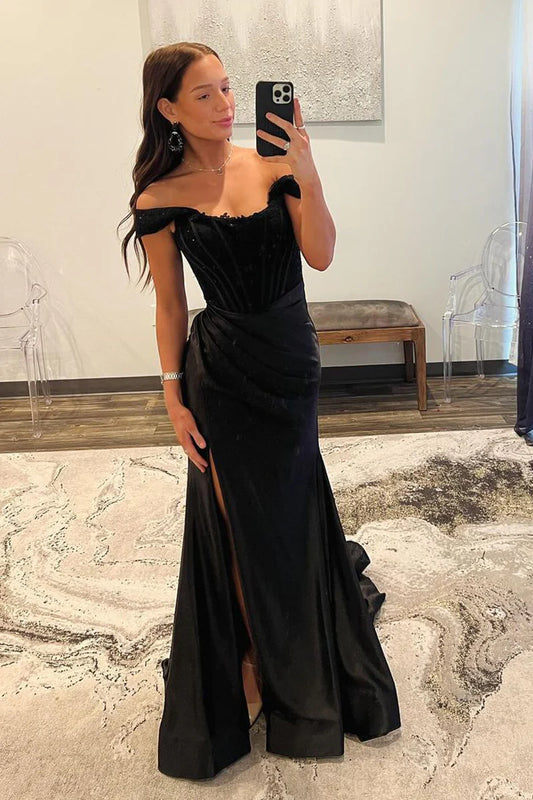 Black Off the Shoulder Satin Mermaid Long Prom Dresses with Slit