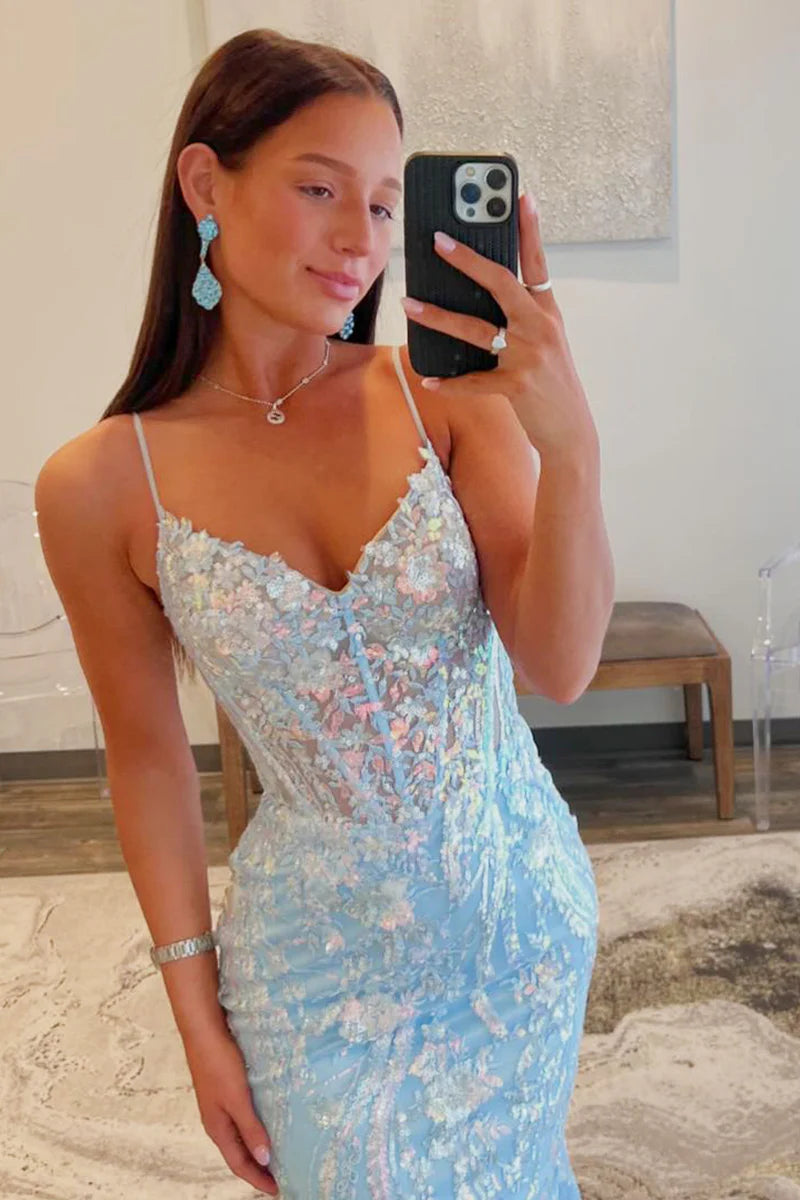 Light Blue Sequins Appliques V Neck Tulle Lace Long Prom Dresses