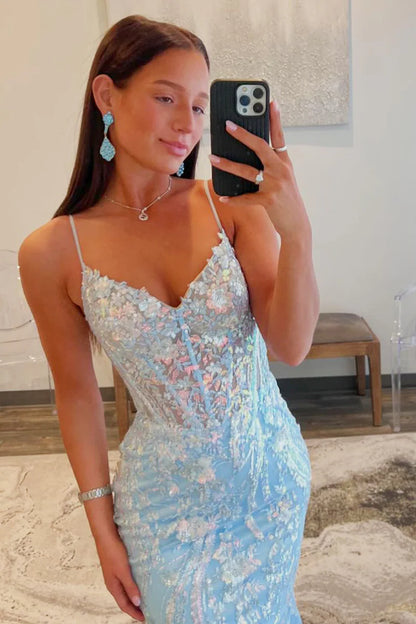 Light Blue Sequins Appliques V Neck Tulle Lace Long Prom Dresses