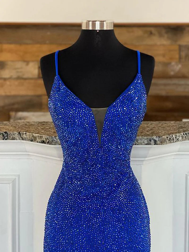 Royal Blue Mermaid V Neck Beaded Jersey Prom Dress with Slit