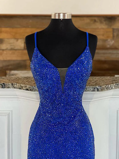 Royal Blue Mermaid V Neck Beaded Jersey Prom Dress with Slit