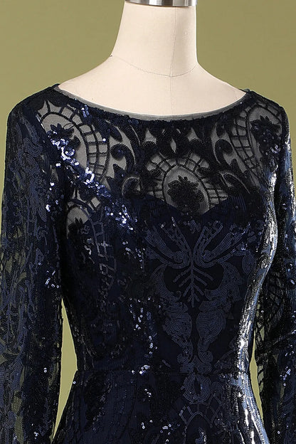 A-Line Navy Long Sleeves Mother Dress Sequins/Sparkling Wedding Guest Dresses