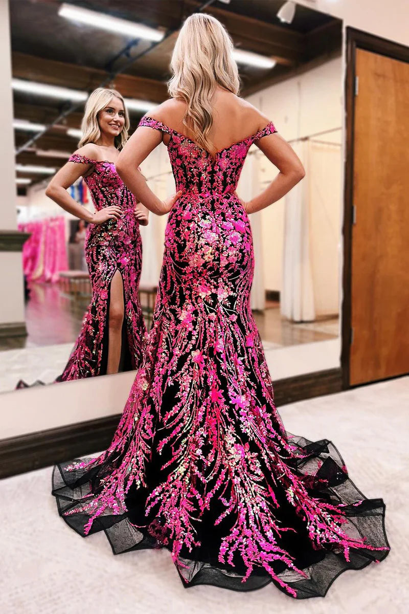 Fuchsia Sequin Appliques Off the Shoulder Mermaid Prom Dress