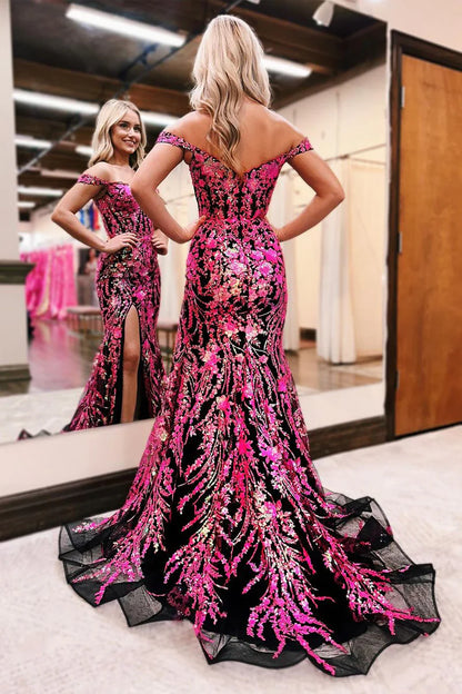 Fuchsia Sequin Appliques Off the Shoulder Mermaid Prom Dress