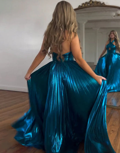 Peacock Blue Halter Neck A-Line Long Prom Dress With Slit