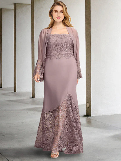Two Piece A-Line Plus Size Curve Mother of the Bride Dresses Elegant Dress Formal Asymmetrical Sleeveless Square Neck Chiffon with Appliques Splicing
