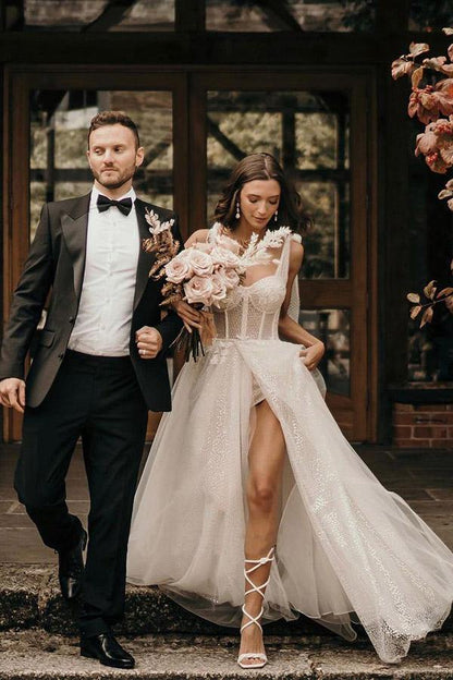 A Line Ivory Straps Sequins Sleeveless Wedding Dresses With Slit