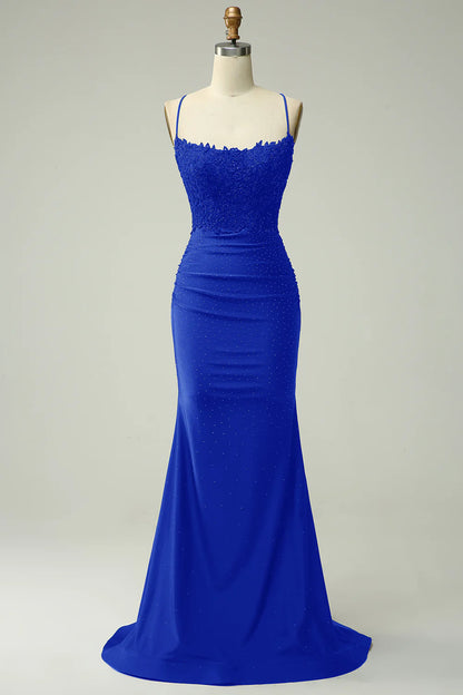 Mermaid Halter Court Train Dress Prom Dress with Appliques Beading